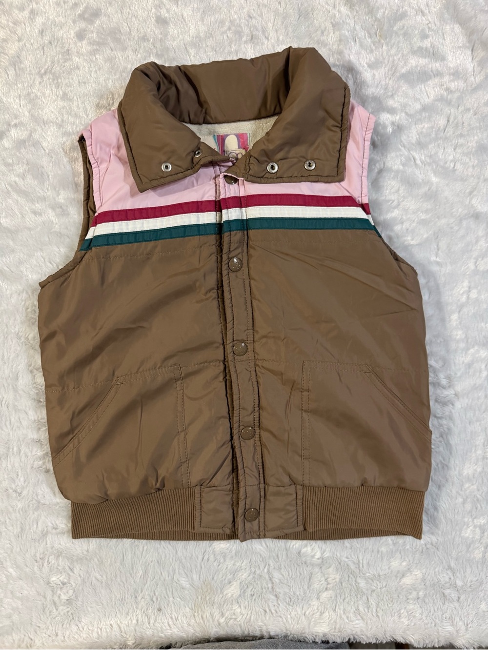 OP Vintage Kids Brown Puffer Vest with Pink, Teal & White Stripes